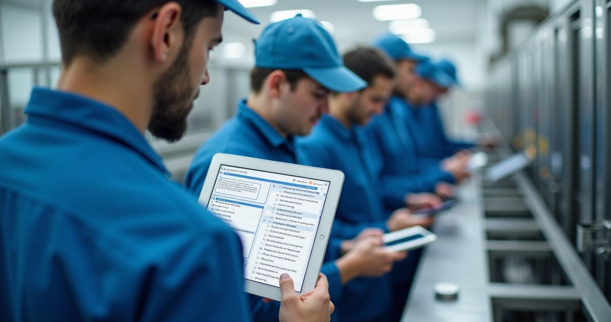 Equipe registrando e corrigindo desvios em tablet na linha de produção 
