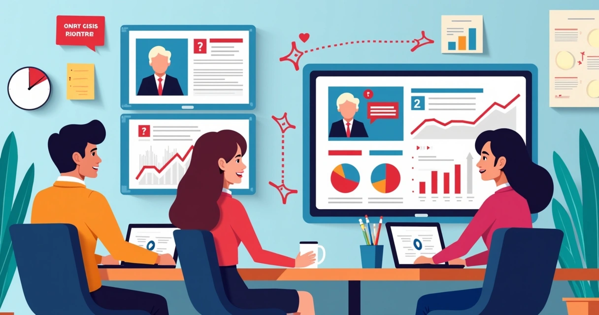 Equipe em uma sala monitorando telas com gráficos e menções, analisando crise política 