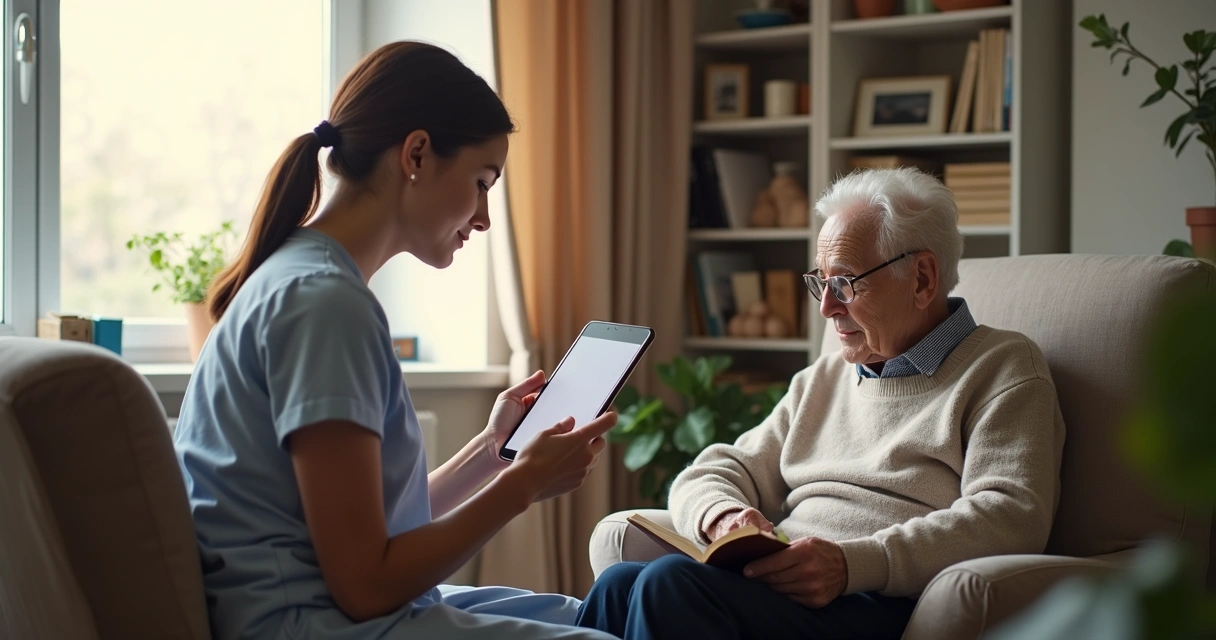 Cuidador de idoso usando tablet em ambiente residencial 