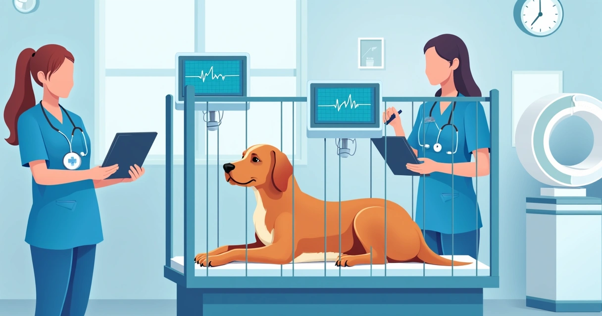 Cão em observação com monitoramento veterinário ao fundo