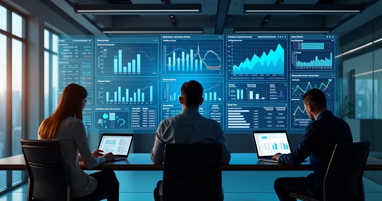 Painel digital mostrando gráficos de monitoramento de custos do projeto em tempo real 