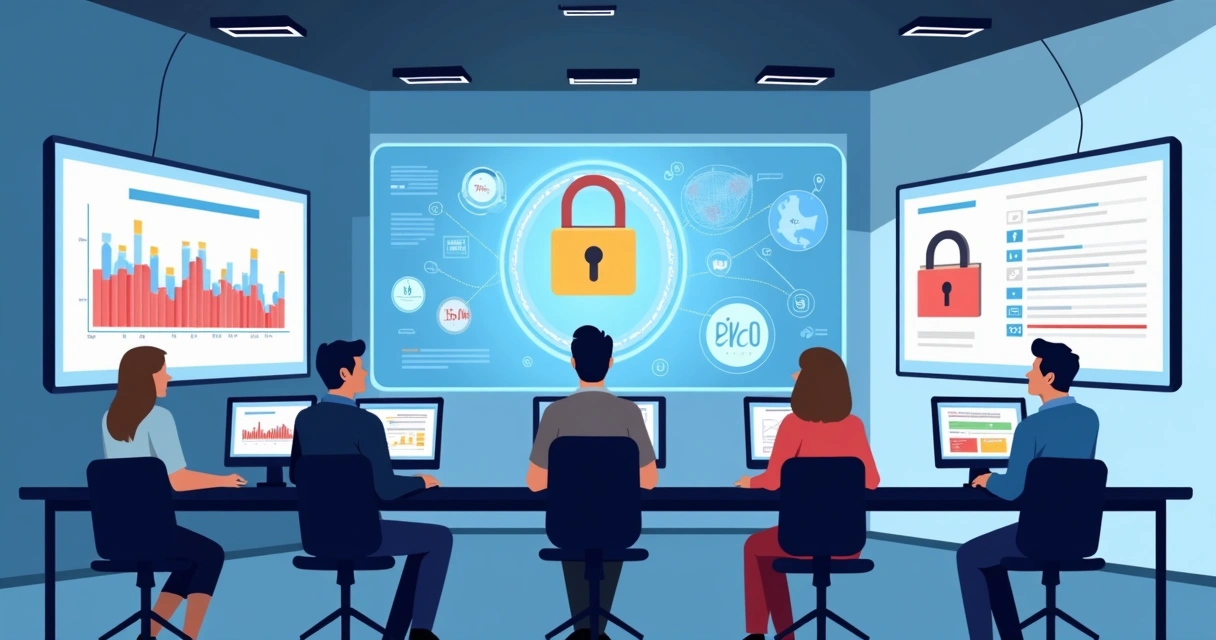 Equipe monitora segurança cibernética de eleição em telas, com gráficos e cadeados digitais