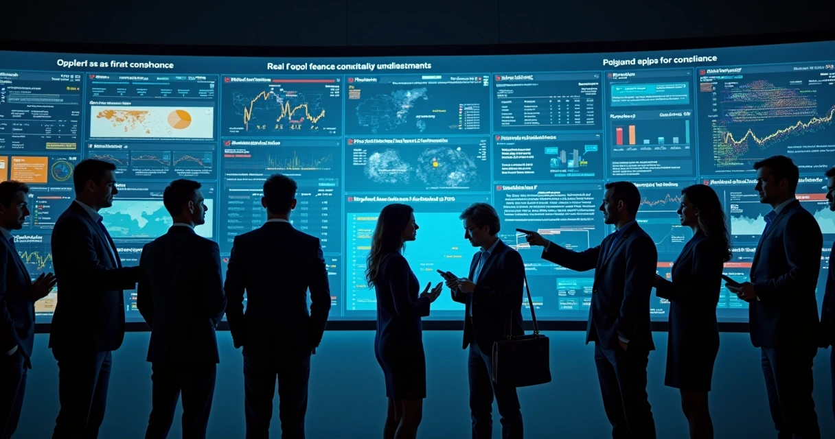 Equipe monitorando painel de atualização de dados de compliance em tempo real 