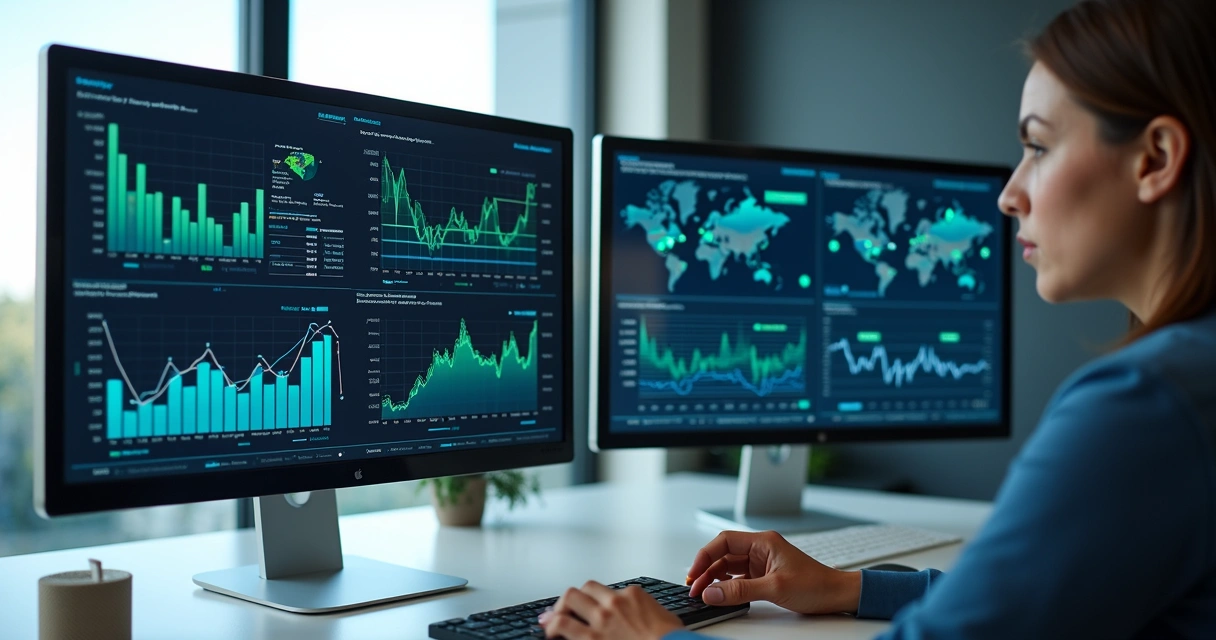 Tela de computador exibindo gráficos fiscais e algoritmos de IA em ação 