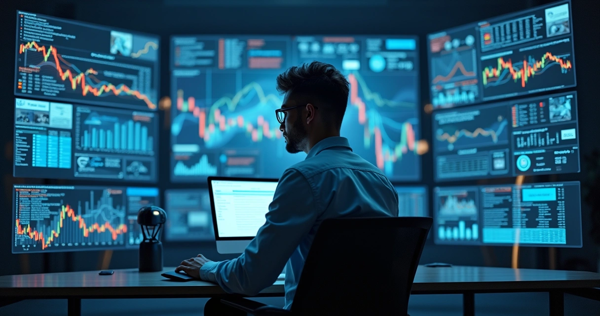 Profissional analisando gráficos de dados fiscais em telas digitais 