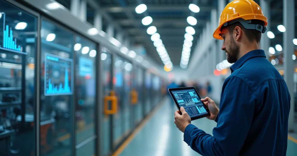 Engenheiro auditando dados industriais em tablet dentro da fábrica 