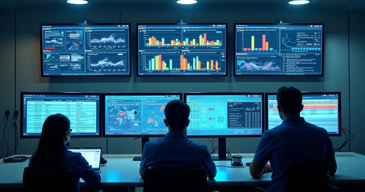 Sala de monitoramento com gráficos de dados de saúde em telas grandes