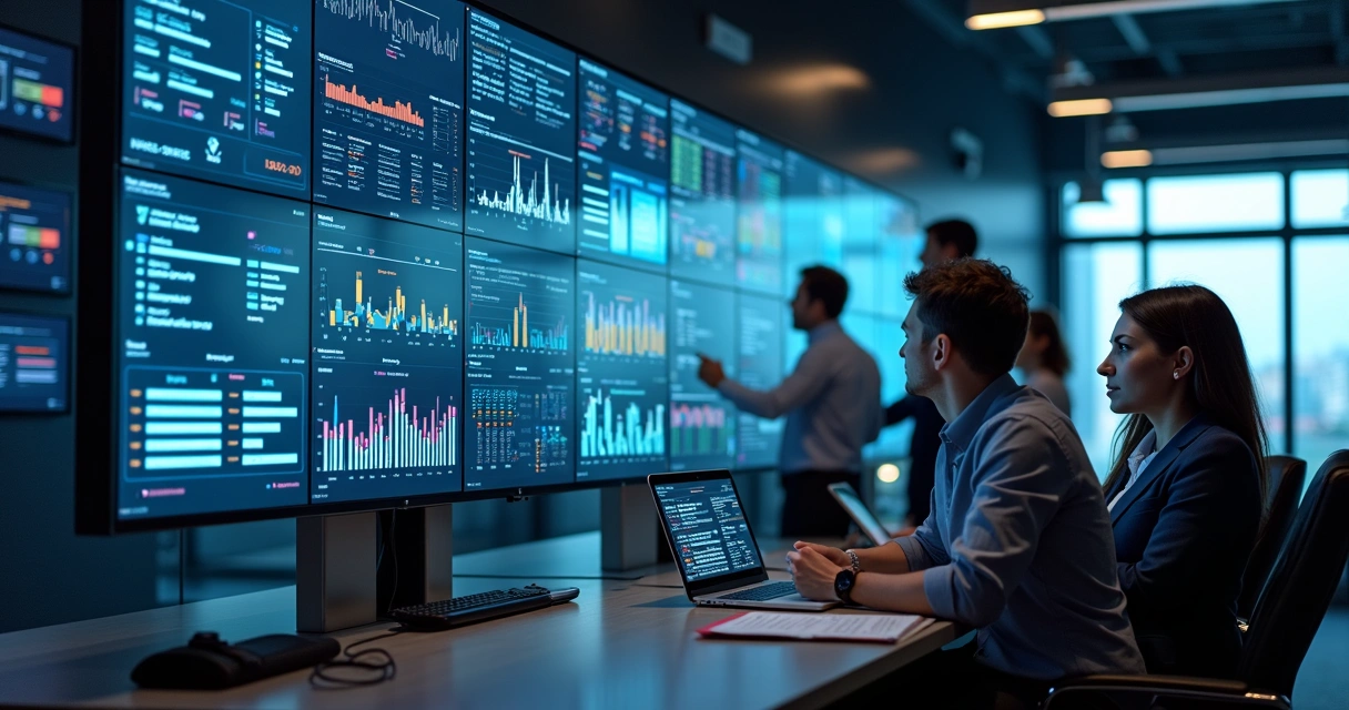 Painel de monitoramento de dados com indicadores em destaque, equipe acompanhando em tempo real 