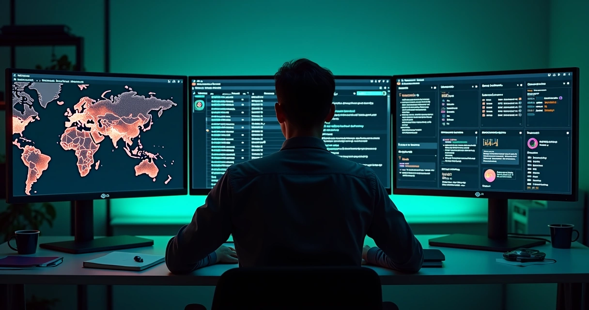 Analista monitora mapa de vazamentos de dados em telas com interface de dark web 