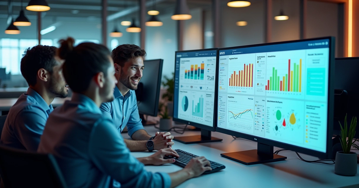 Equipe observando dashboard com métricas de SLA em computador grande 