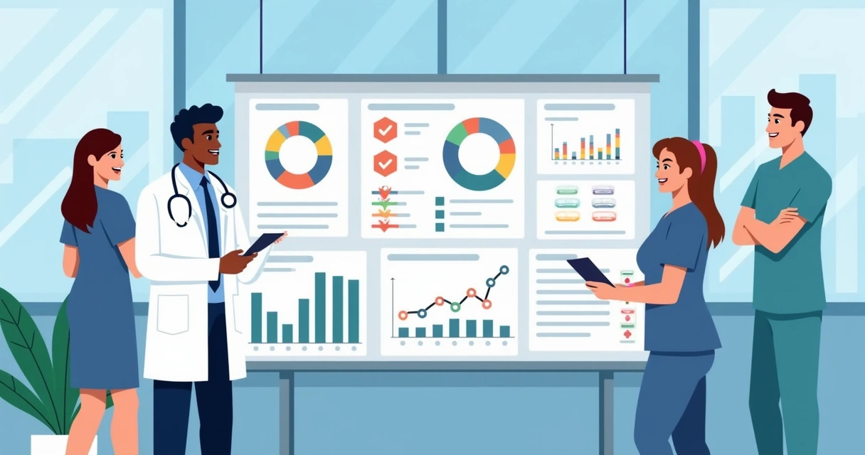 Plano de Ação em Auditoria Clínica: Guia Prático para Profissionais de Saúde 3 Dashboard multidisciplinar sendo revisado por equipe hospitalar