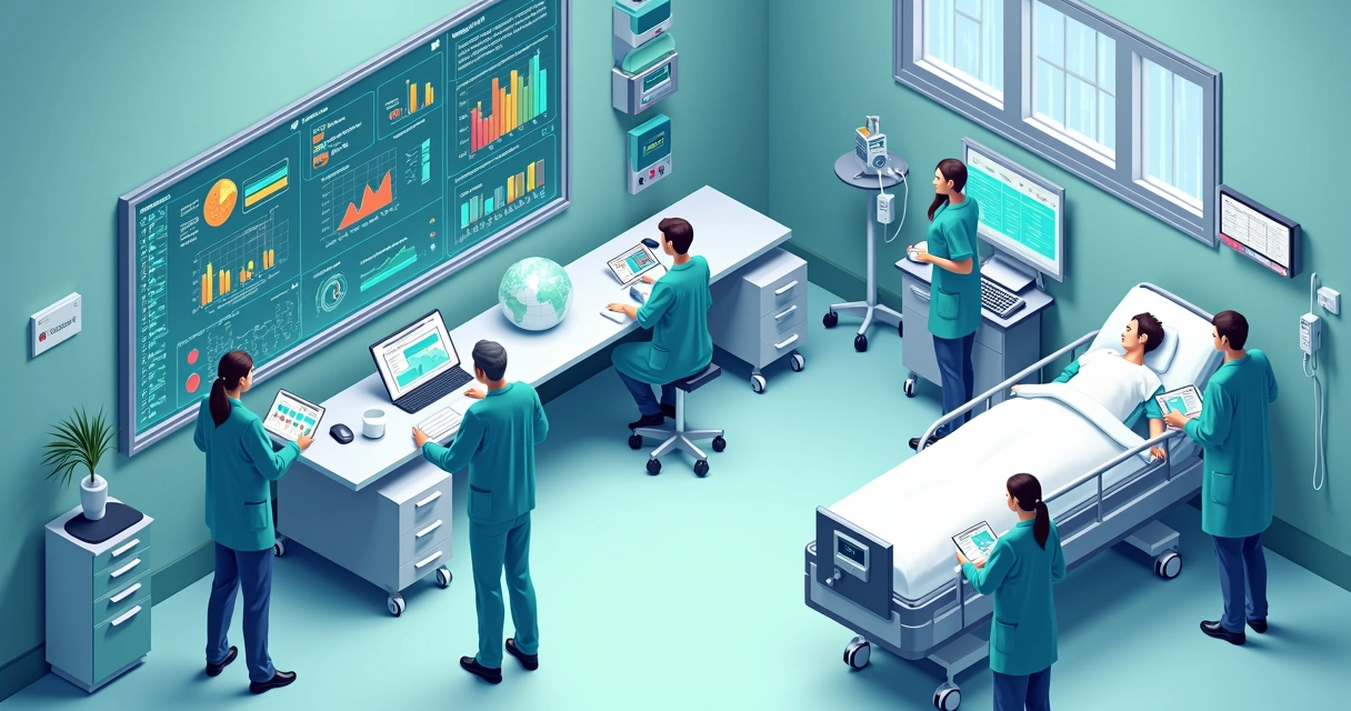 Monitoramento de infecções em UTIs: dados e metas para 2030 1 Dashboard colorido de monitoramento de indicadores em UTI, com gráficos e dados em tempo real