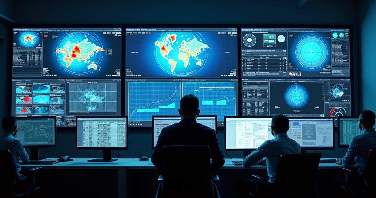 Centro de monitoramento com telas de infraestrutura e alarmes 