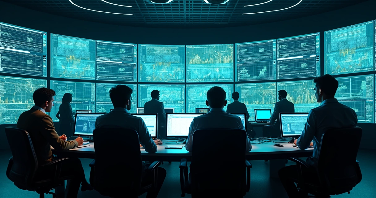 Equipe técnica monitorando telas grandes com gráficos de dados 