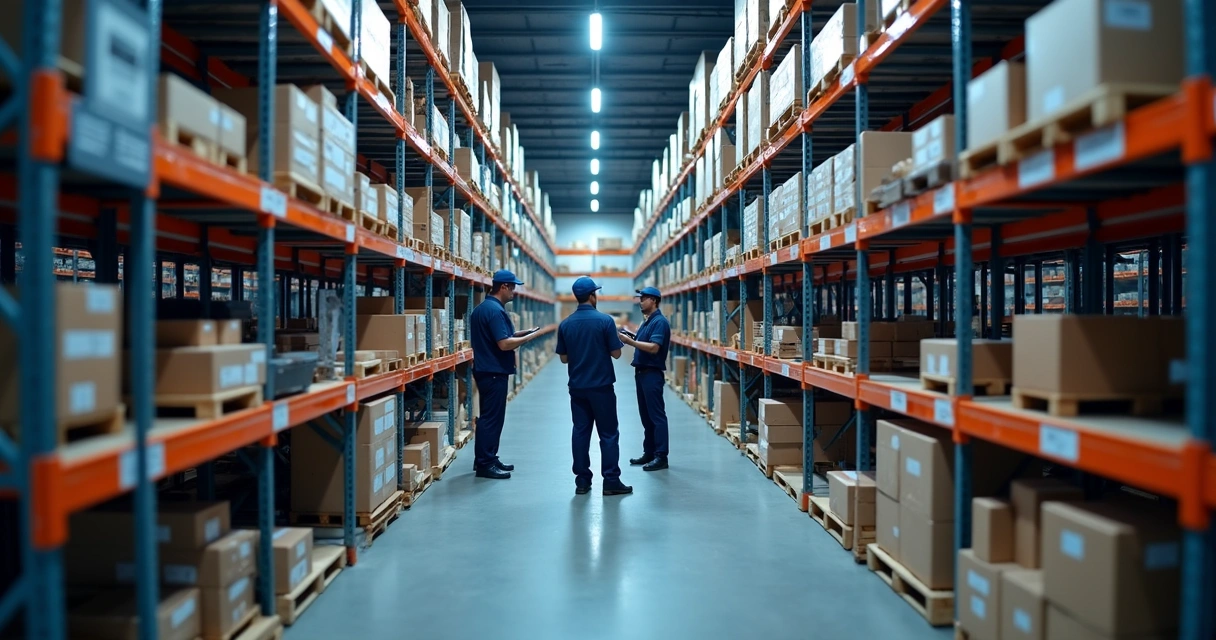 Equipe de estoque usando tablets e scanners RFID em armazém iluminado