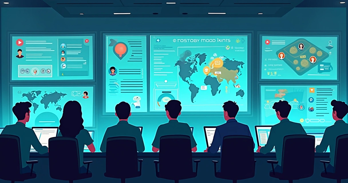 Equipe observando painel digital de monitoramento de redes sociais com alertas