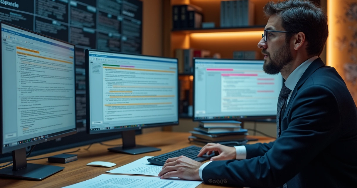 Advogado analisando decisões em telas de computador 