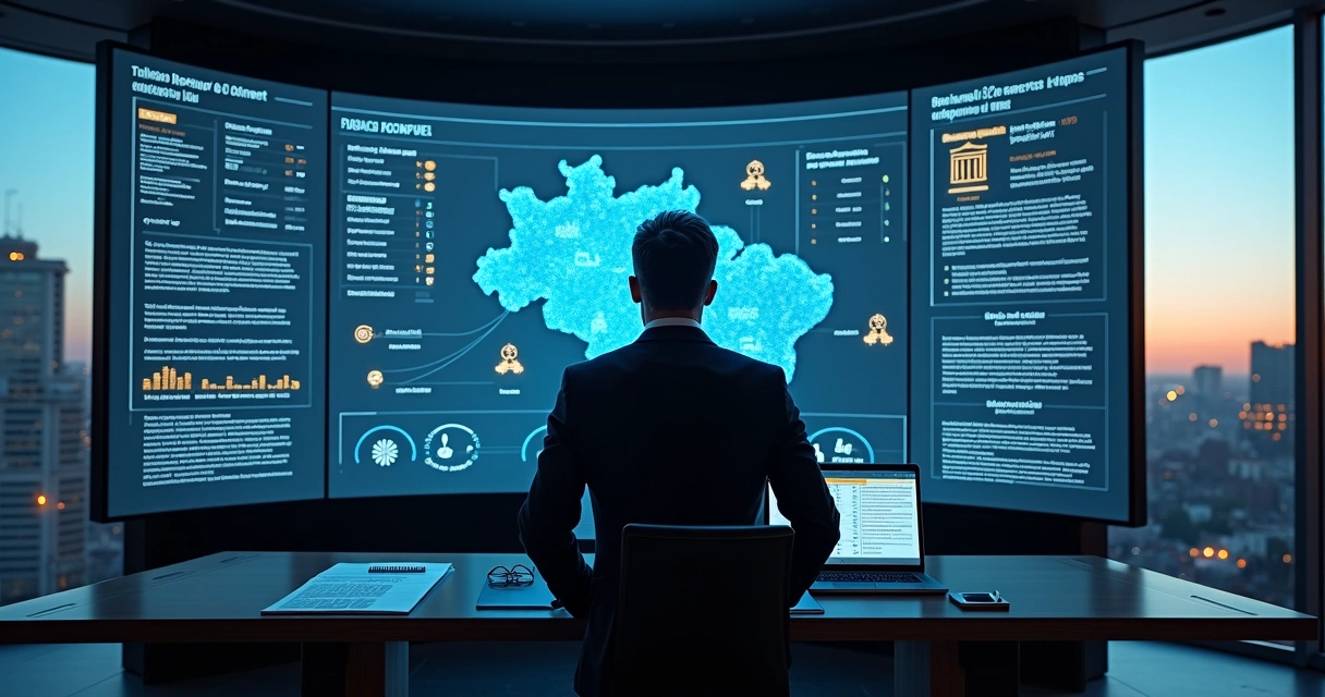 Profissional analisa painel digital com decisões judiciais tributárias destacadas 