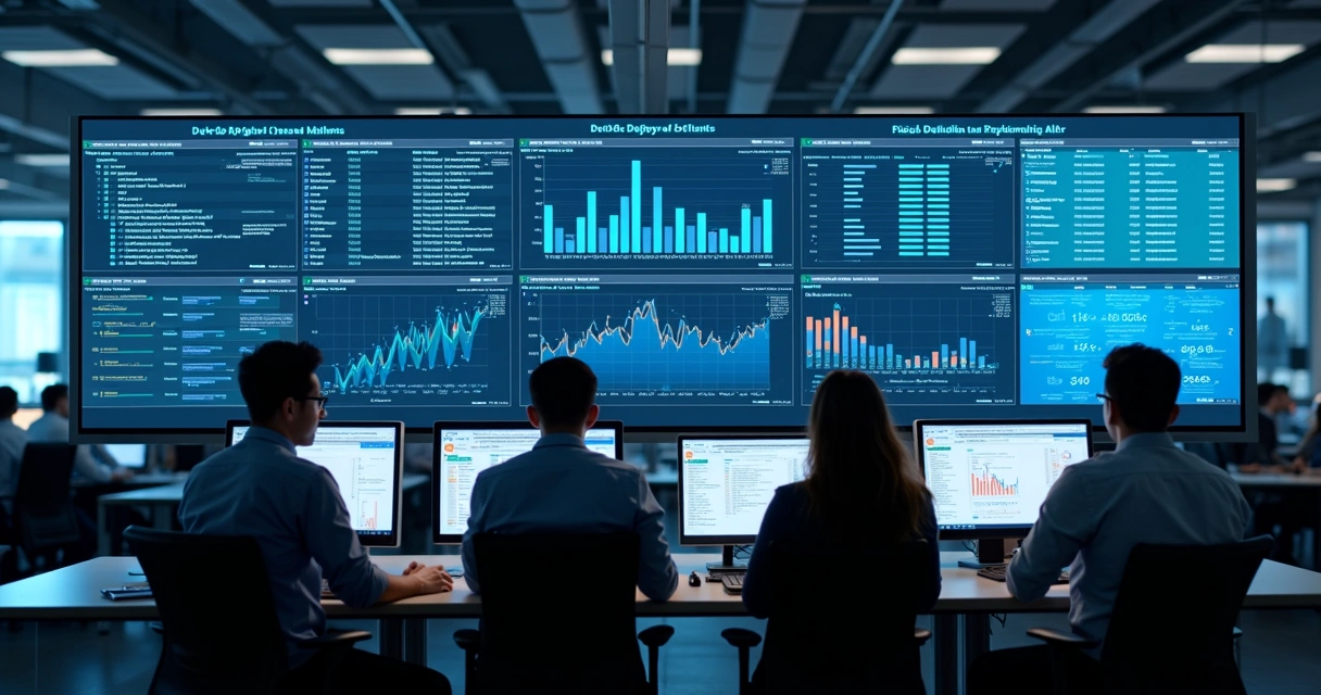Painel digital com gráficos de monitoramento DevOps e alertas em um ambiente corporativo. 