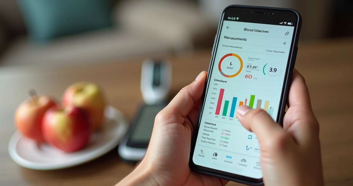 Pessoa analisando aplicativo de monitoramento da glicemia em smartphone