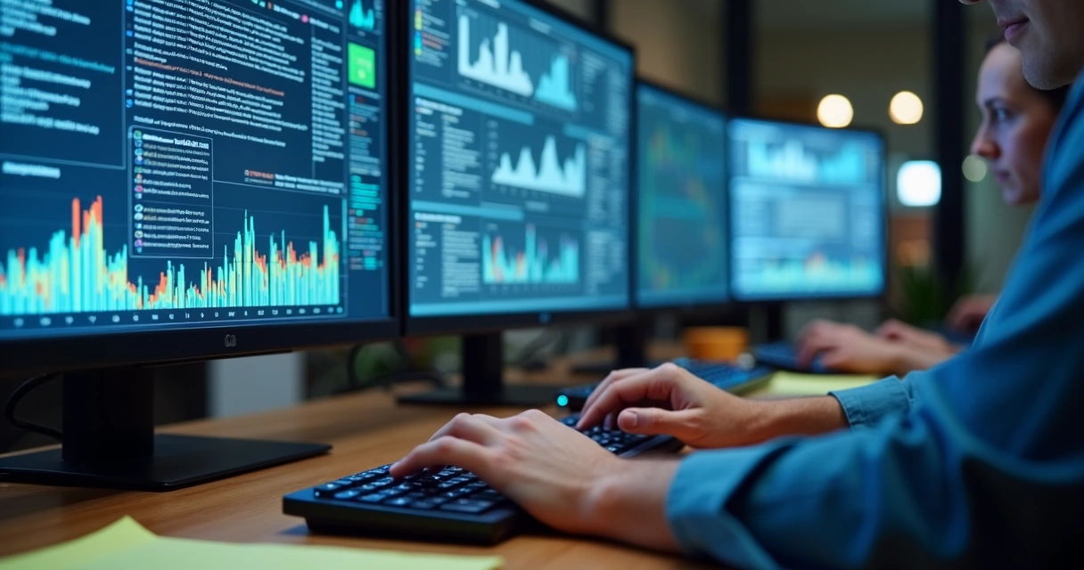 Telas de computador mostrando gráficos de monitoramento de conteúdos negativos online 