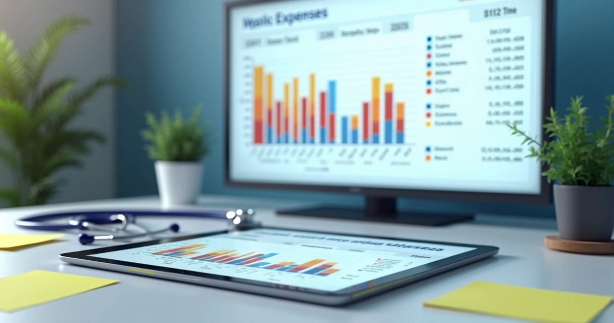 Planilha digital e gráficos mostrando controle mensal de despesas de uma clínica