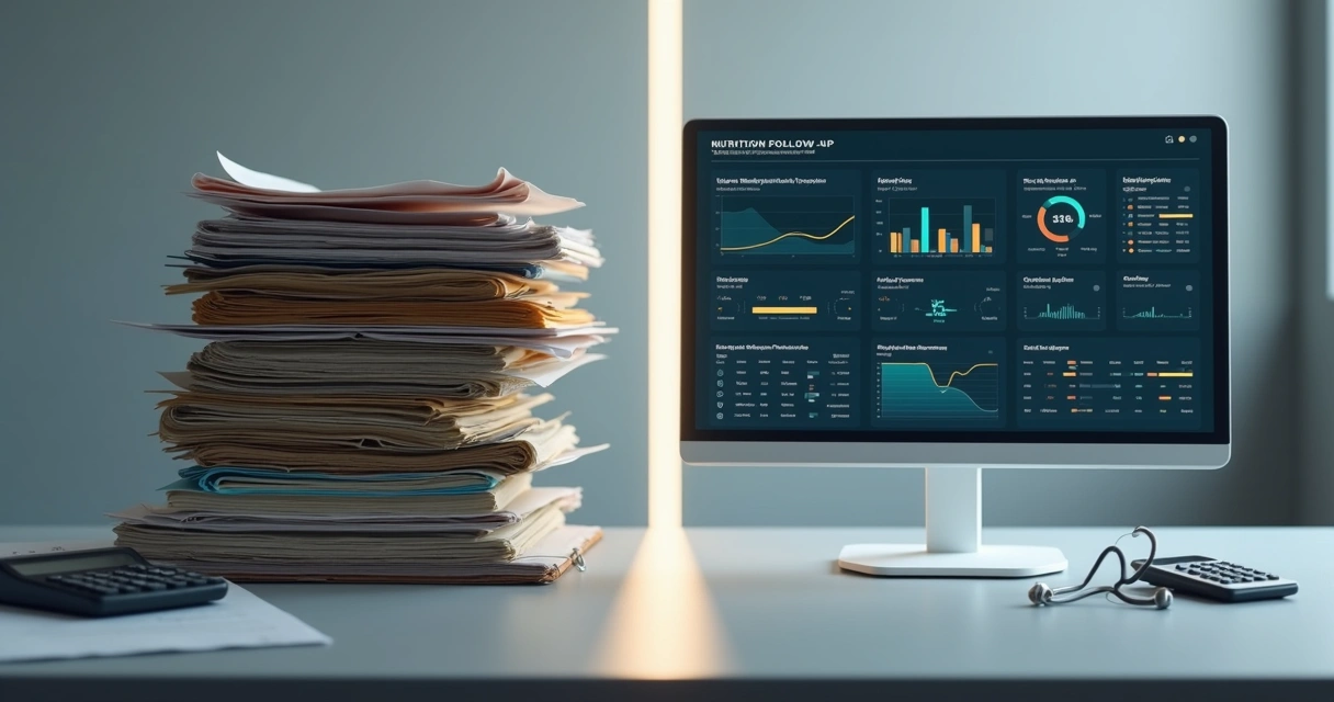 Comparação entre fichário em papel e painel digital com dados de pacientes 