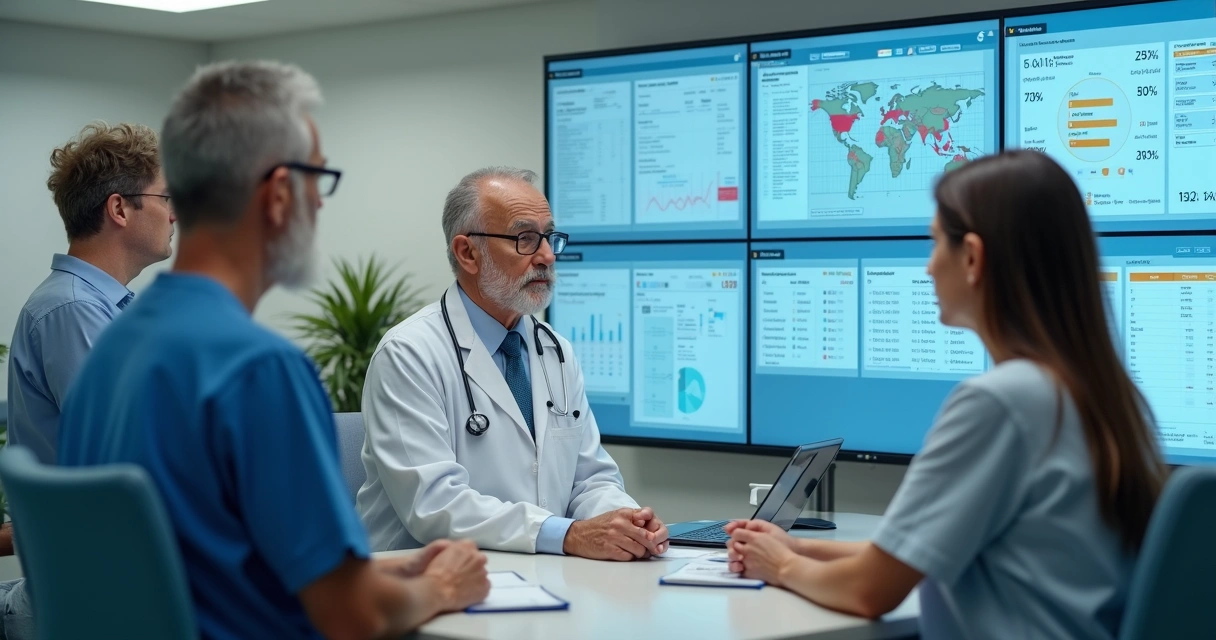 Profissionais de saúde analisando um painel digital com dados de pacientes em ILPI 