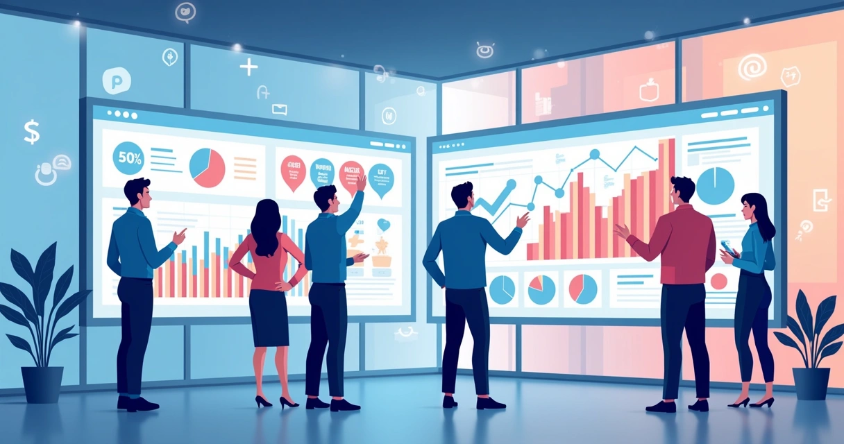 Equipe analisando gráficos de redes sociais em tela grande, com ícones digitais ao redor 