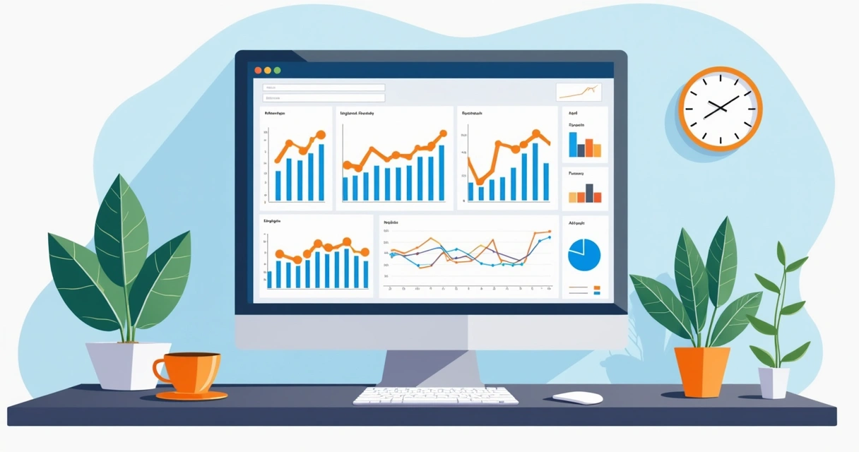 Tela de computador com gráficos de monitoramento digital de reputação em azul e laranja 
