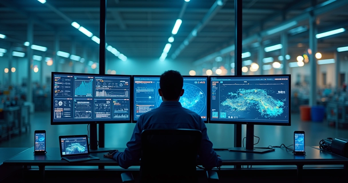 Engenheiro acompanha painel digital de monitoramento de riscos na fábrica 