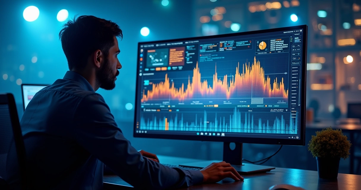 Pessoa olhando para tela de monitor com gráficos de segurança digital