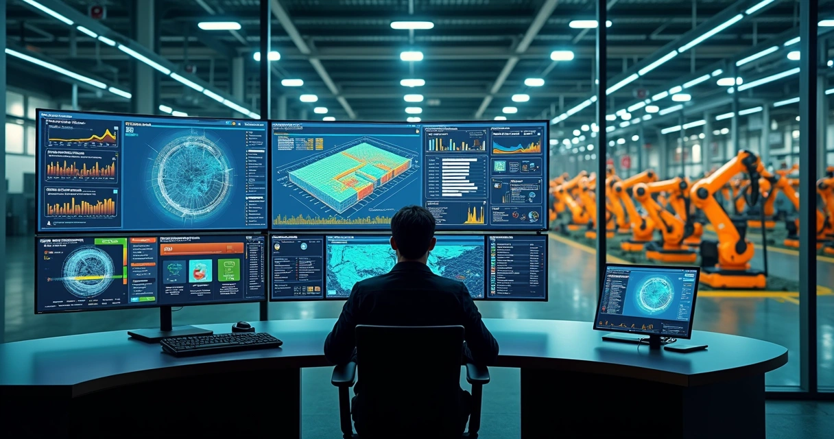 Sala de controle monitora em tempo real segurança de fábrica moderna 