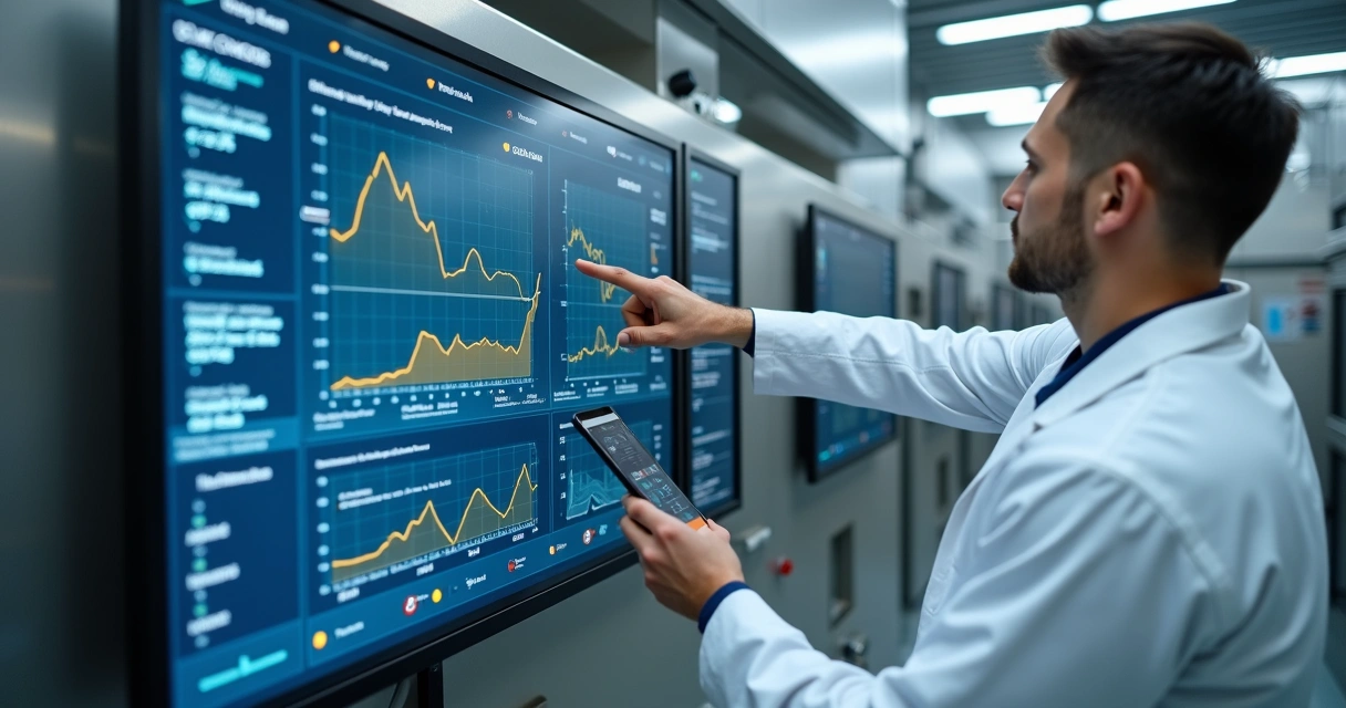 Tela de monitoramento digital de temperatura em ambiente industrial 