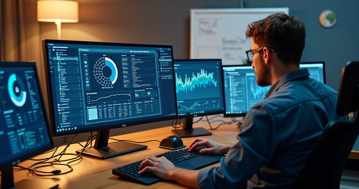 Painel de monitoramento em telas mostrando status de dispositivos 