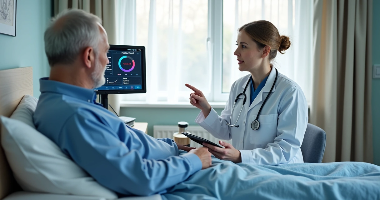 Equipe monitora paciente idoso em casa usando dashboard digital