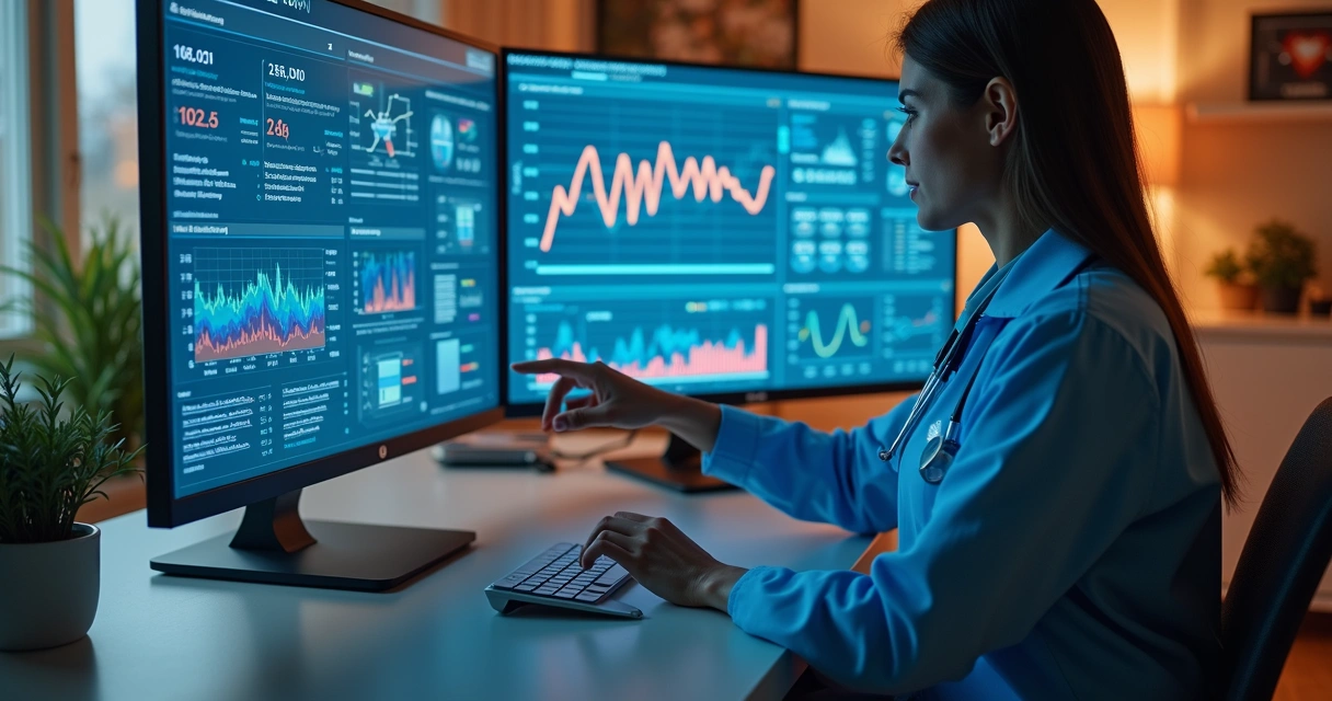 Profissional de saúde analisando dados em telas digitais com gráficos e indicadores em ambiente de home care 