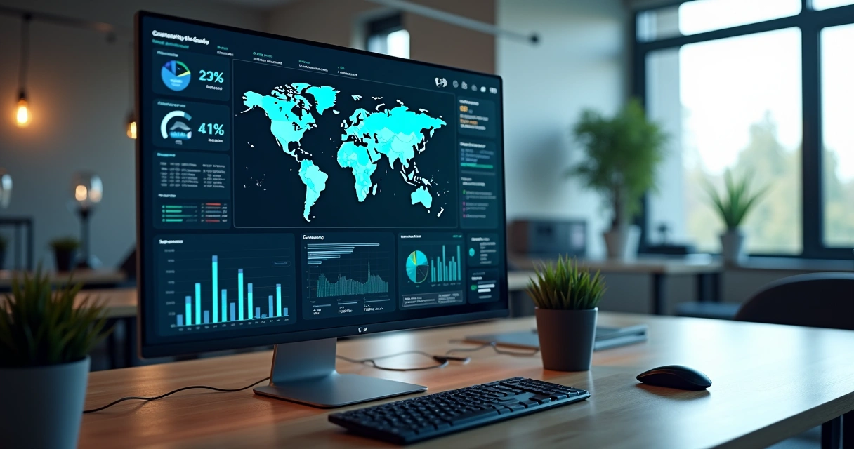 Tela de computador mostrando painel digital com gráficos e dados empresariais em tempo real