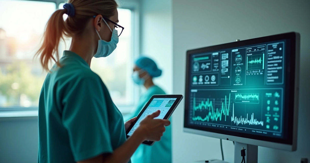 Profissional de saúde utilizando tablet para monitoramento preditivo em ambiente hospitalar 