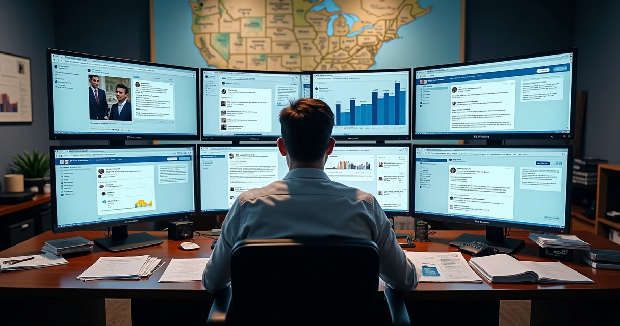 Pessoa usando computador para monitorar redes sociais de campanha 