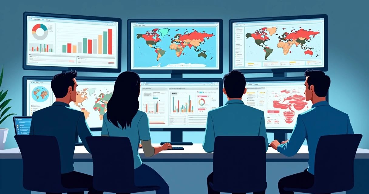 Equipe observando monitores de redes sociais em tempo real