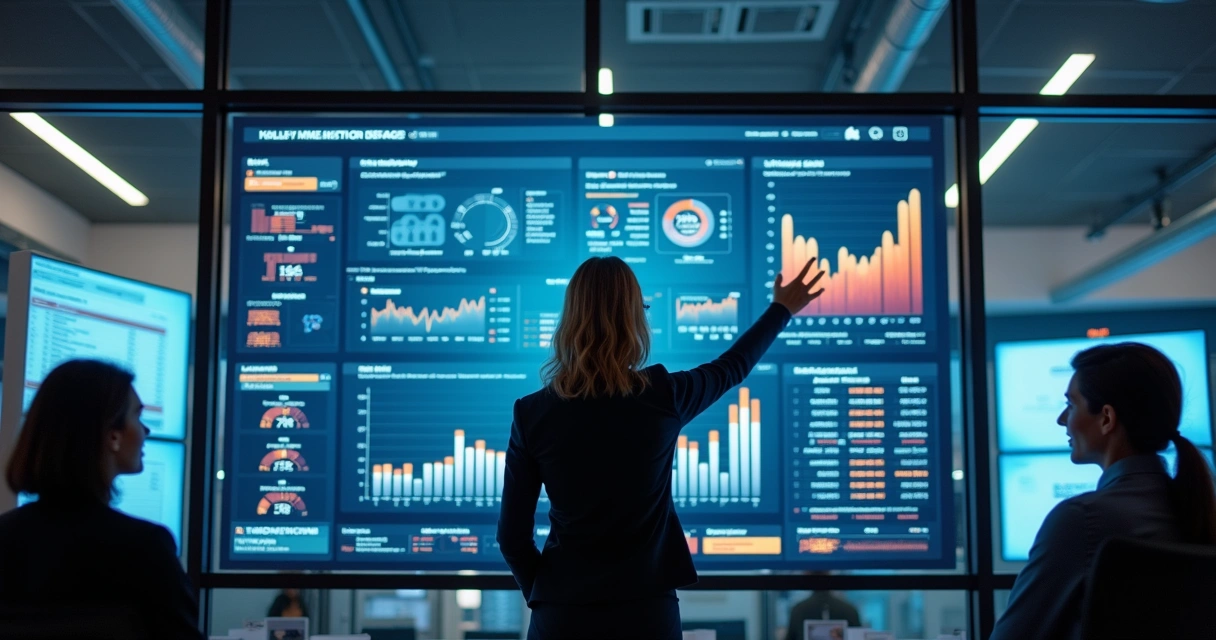 Gestora analisando gráfico em tela grande com dados em tempo real 