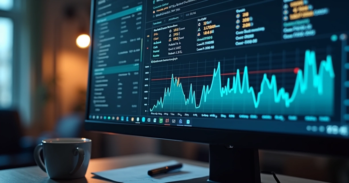 Tela de computador exibindo gráficos de tráfego de rede com picos elevados.