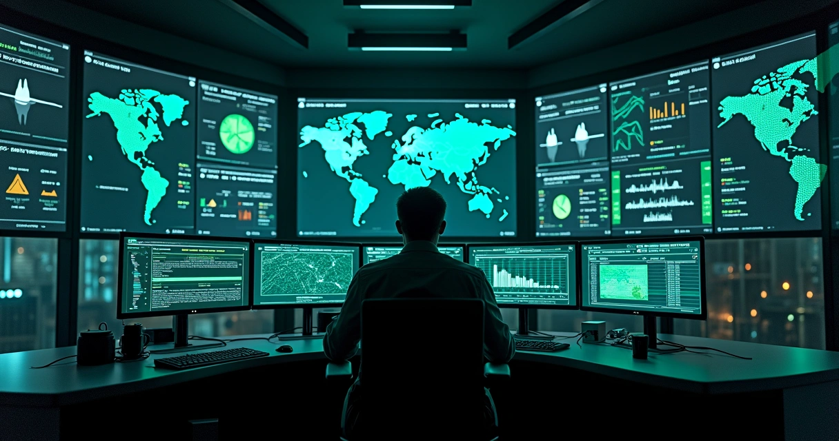 Sala de controle tecnológica monitorando emissão fiscal em tempo real 