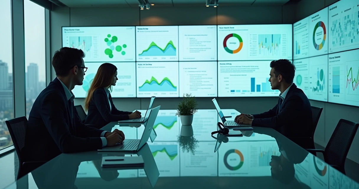 Gestores analisando painel digital de clima emocional no escritório 