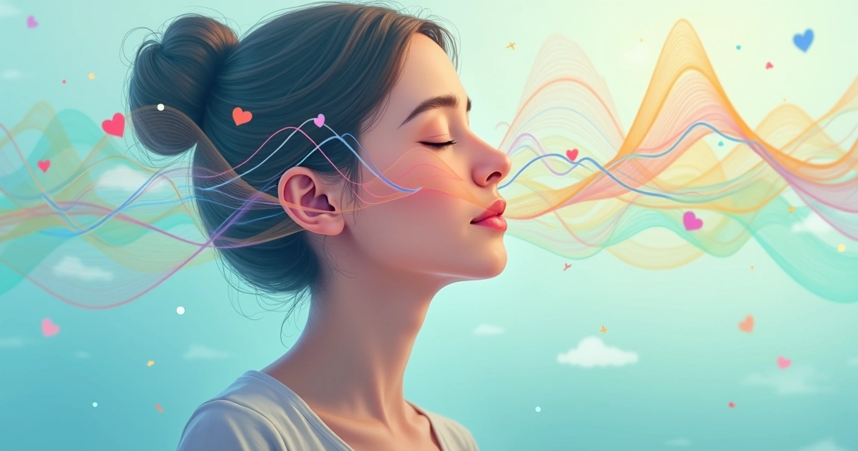 Ilustração de uma pessoa com olhos fechados, em postura meditativa, com gráficos e ondas representando emoções ao redor da cabeça