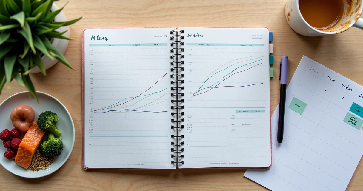 Mesa de trabalho com diário alimentar, gráfico de humor e alimentos saudáveis organizados 