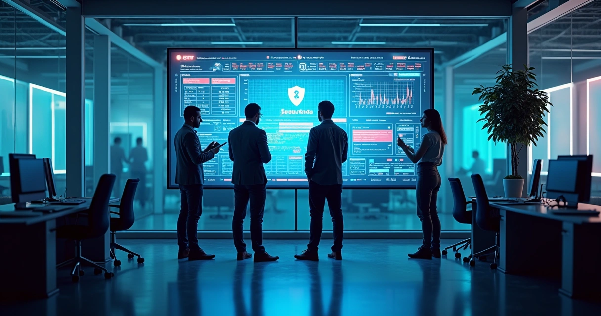 Equipe analisa dados de segurança em grande tela digital 
