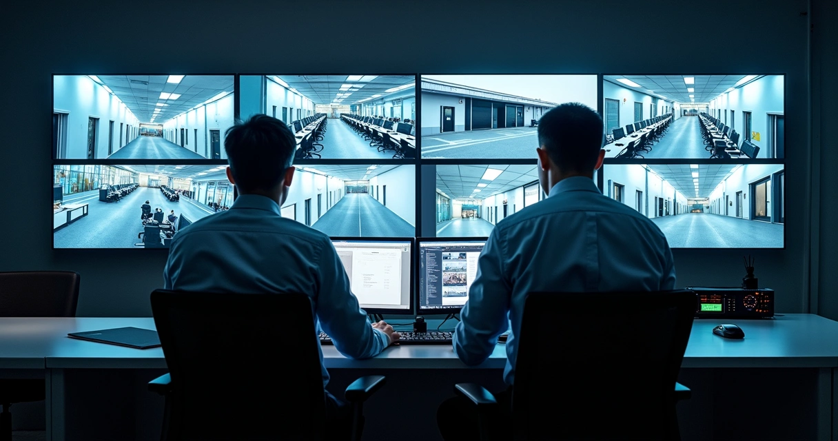 Sala de monitoramento com múltiplas imagens de segurança 