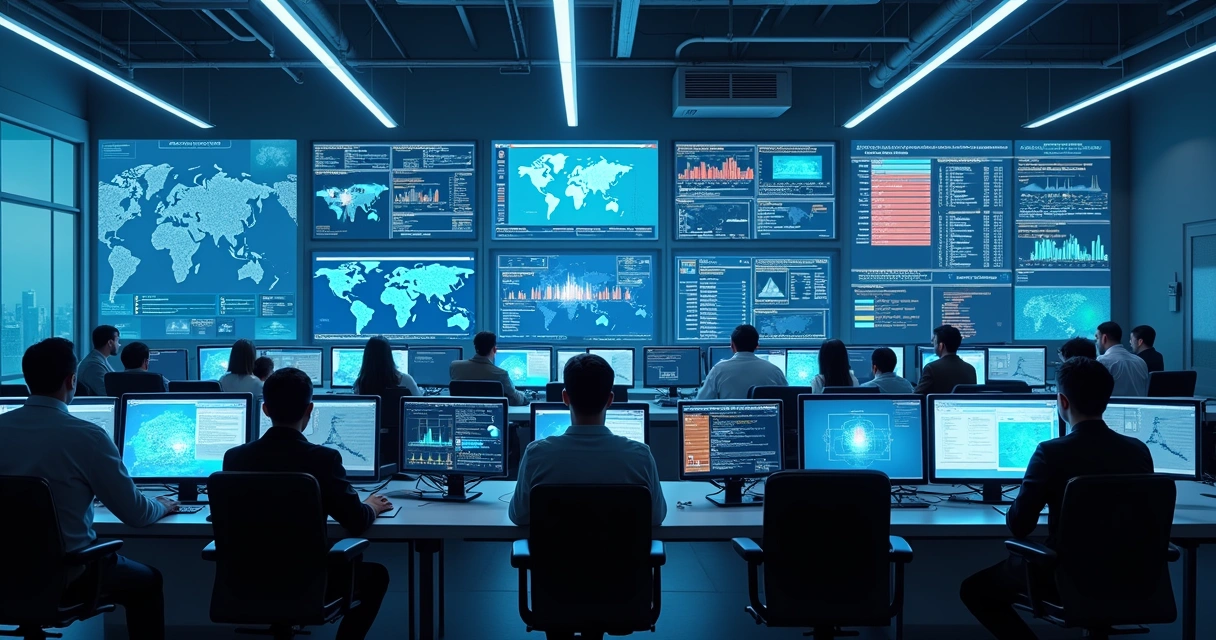 Central de monitoramento de dispositivos digitais com diversos gráficos em grandes telas 